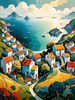Printable Romantic Landscape Art of a Coastal Village with Serenade Sounds