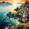 Printable Romantic Landscape Art of a Coastal Village with Serenade Sounds