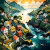 Printable Romantic Landscape Art of a Coastal Village with Serenade Sounds
