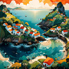 Printable Romantic Landscape Art of a Coastal Village with Serenade Sounds