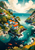 Printable Romantic Landscape Art of a Coastal Village with Serenade Sounds