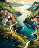 Printable Romantic Landscape Art of a Coastal Village with Serenade Sounds