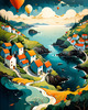 Printable Romantic Landscape Art of a Coastal Village with Serenade Sounds