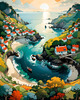 Printable Romantic Landscape Art of a Coastal Village with Serenade Sounds