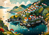 Printable Romantic Landscape Art of a Coastal Village with Serenade Sounds