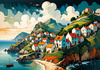 Printable Romantic Landscape Art of a Coastal Village with Serenade Sounds