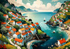 Printable Romantic Landscape Art of a Coastal Village with Serenade Sounds