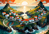 Printable Romantic Landscape Art of a Coastal Village with Serenade Sounds