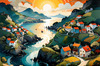 Printable Romantic Landscape Art of a Coastal Village with Serenade Sounds