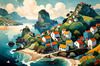 Printable Romantic Landscape Art of a Coastal Village with Serenade Sounds