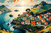 Printable Romantic Landscape Art of a Coastal Village with Serenade Sounds