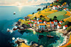 Printable Romantic Landscape Art of a Coastal Village with Serenade Sounds