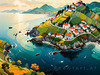 Printable Romantic Landscape Art of a Coastal Village with Serenade Sounds