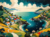 Printable Romantic Landscape Art of a Coastal Village with Serenade Sounds