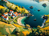 Printable Romantic Landscape Art of a Coastal Village with Serenade Sounds