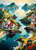 Printable Romantic Landscape Art of a Coastal Village with Serenade Sounds