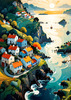Printable Romantic Landscape Art of a Coastal Village with Serenade Sounds