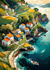 Printable Romantic Landscape Art of a Coastal Village with Serenade Sounds