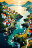 Printable Romantic Landscape Art of a Coastal Village with Serenade Sounds