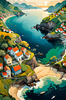 Printable Romantic Landscape Art of a Coastal Village with Serenade Sounds