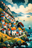 Printable Romantic Landscape Art of a Coastal Village with Serenade Sounds