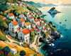 Printable Romantic Landscape Art of a Coastal Village with Serenade Sounds