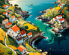Printable Romantic Landscape Art of a Coastal Village with Serenade Sounds
