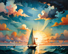 Printable Romantic Landscape Art of a Solitary Sailboat under a Pastel Dawn Sky at Sea