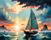 Printable Romantic Landscape Art of a Solitary Sailboat under a Pastel Dawn Sky at Sea