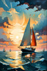 Printable Romantic Landscape Art of a Solitary Sailboat under a Pastel Dawn Sky at Sea