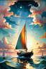 Printable Romantic Landscape Art of a Solitary Sailboat under a Pastel Dawn Sky at Sea