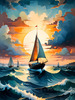 Printable Romantic Landscape Art of a Solitary Sailboat under a Pastel Dawn Sky at Sea