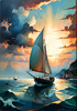 Printable Romantic Landscape Art of a Solitary Sailboat under a Pastel Dawn Sky at Sea