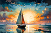 Printable Romantic Landscape Art of a Solitary Sailboat under a Pastel Dawn Sky at Sea