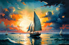 Printable Romantic Landscape Art of a Solitary Sailboat under a Pastel Dawn Sky at Sea