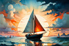 Printable Romantic Landscape Art of a Solitary Sailboat under a Pastel Dawn Sky at Sea