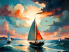 Printable Romantic Landscape Art of a Solitary Sailboat under a Pastel Dawn Sky at Sea