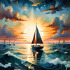 Printable Romantic Landscape Art of a Solitary Sailboat under a Pastel Dawn Sky at Sea