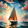 Printable Romantic Landscape Art of a Solitary Sailboat under a Pastel Dawn Sky at Sea