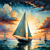 Printable Romantic Landscape Art of a Solitary Sailboat under a Pastel Dawn Sky at Sea
