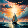 Printable Romantic Landscape Art of a Solitary Sailboat under a Pastel Dawn Sky at Sea