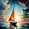 Printable Romantic Landscape Art of a Solitary Sailboat under a Pastel Dawn Sky at Sea