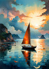 Printable Romantic Landscape Art of a Solitary Sailboat under a Pastel Dawn Sky at Sea