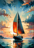 Printable Romantic Landscape Art of a Solitary Sailboat under a Pastel Dawn Sky at Sea
