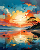 Peaceful Beach at Dusk with Vibrant Sky and Birds Printable Art