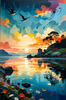 Peaceful Beach at Dusk with Vibrant Sky and Birds Printable Art