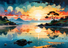 Peaceful Beach at Dusk with Vibrant Sky and Birds Printable Art