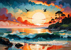 Peaceful Beach at Dusk with Vibrant Sky and Birds Printable Art