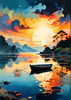Peaceful Beach at Dusk with Vibrant Sky and Birds Printable Art
