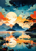Peaceful Beach at Dusk with Vibrant Sky and Birds Printable Art
